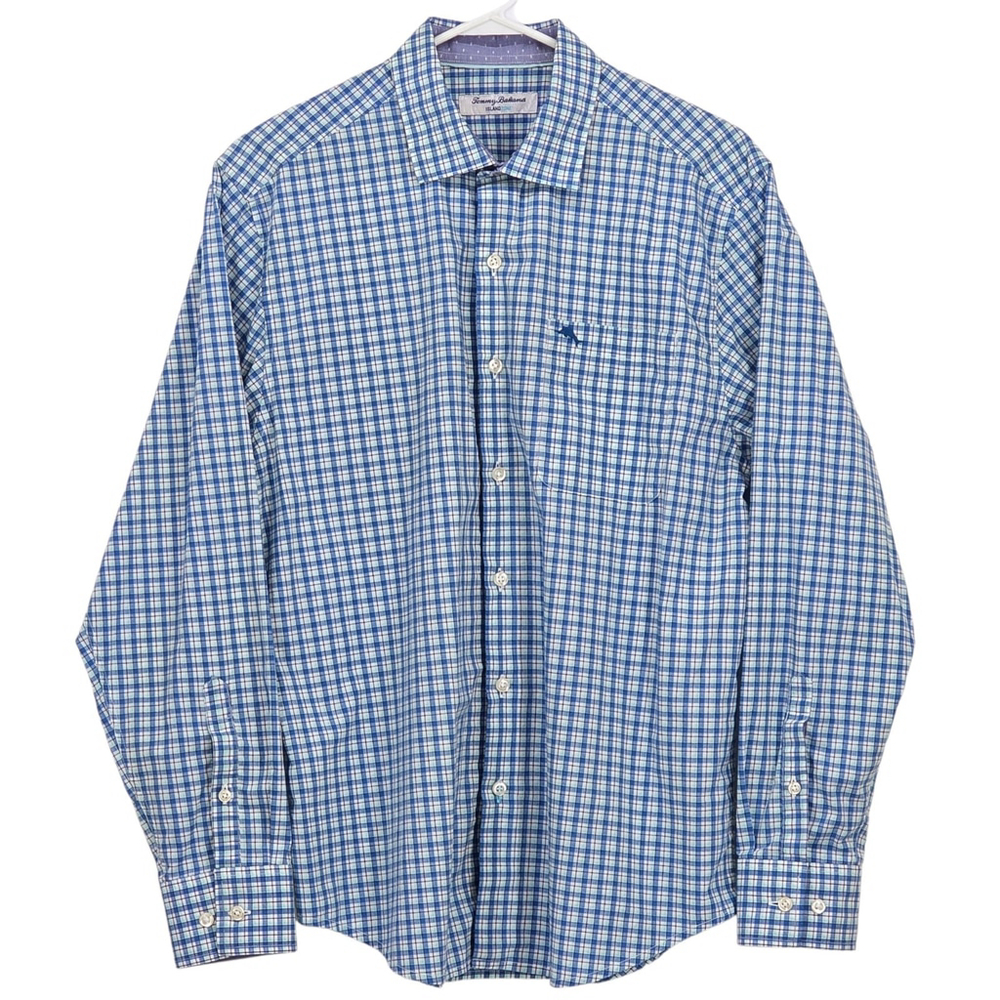 Tommy Bahama IslandZone Shirt Mens M Blue Plaid Stretch Pima Cotton Casual